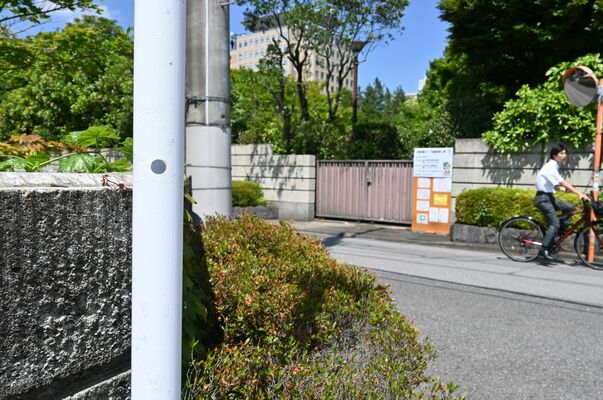 規制標識の一部のポールに貼られている直径約２センチの丸いシール＝宇都宮市昭和１丁目