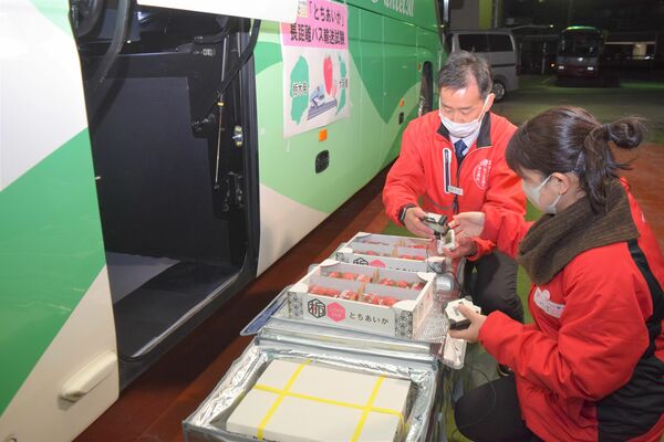 バスで輸送するイチゴに振動などを測定する機器を取り付ける県職員
