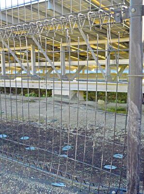 破られたフェンスはひもで結ばれ損傷が偽装されていた＝10日、群馬県太田市