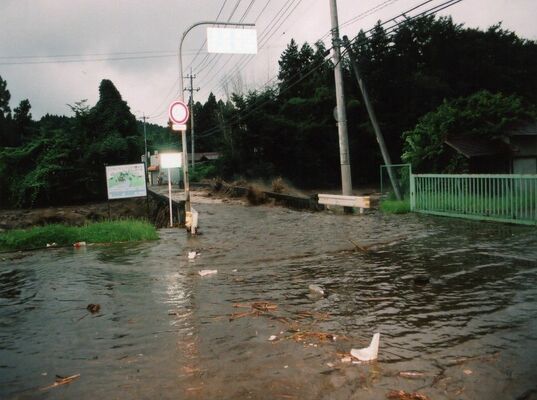 余笹橋から越水し道路に流れ込む泥水（1998年８月、稲葉茂さん提供）