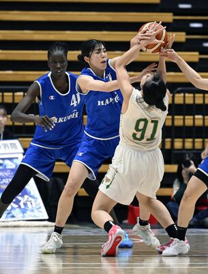 第2クオーター、白鴎大の東(中央)が相手からボールを奪う