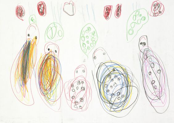 将生ちゃんが描いた「てんとうむしおやこの　よるごはん」（三菱ＵＦＪ環境財団提供）