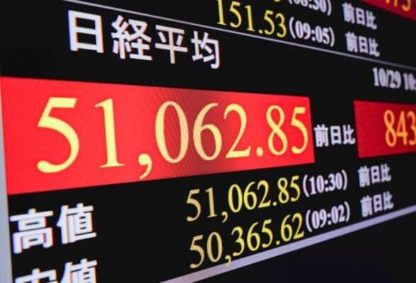 初めて5万1000円台を付けた日経平均株価を示すモニター=29日午前、東京・東新橋