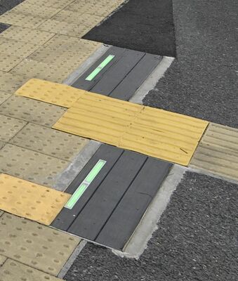 点字ブロックの隣に整備された横断支援装置。足元の青信号と音、振動で視覚障害者に横断可能を知らせる＝24日午前、宇都宮市竹下町