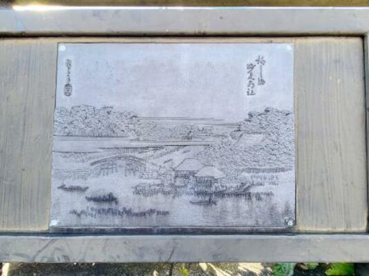 　法性寺近くの橋に取り付けられたプレート。往年の柳島の景色が描かれている＝東京都墨田区