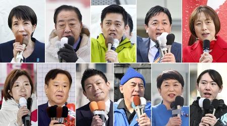 　衆院選が公示され、第一声を上げる各党首たち。上左から公示前勢力順に自民党、中道改革連合、日本維新の会、国民民主党、共産党、下左かられいわ新選組、ゆうこく連合、参政党、日本保守党、社民党、チームみらい＝１月27日