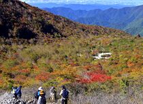 那須岳で紅葉色づく