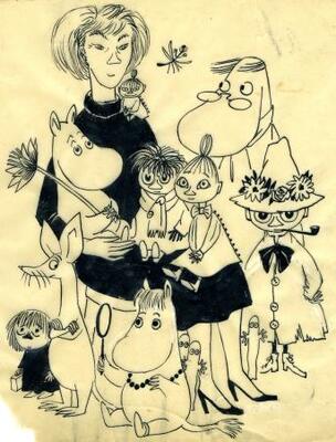 　トーベ・ヤンソン「ムーミンたちとの自画像」（１９５２年　インク、紙、ムーミンキャラクターズコレクション　（Ｃ）Ｍｏｏｍｉｎ　ＣｈａｒａｃｔｅｒｓＴＭ）（提供写真）