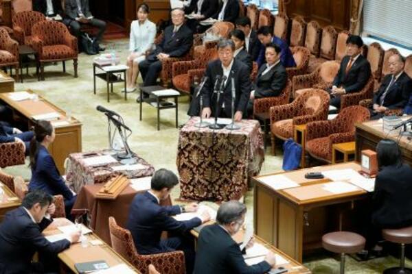 衆院内閣委で日本国旗損壊罪法案の趣旨説明をする松野博一氏(中央)=24日午前