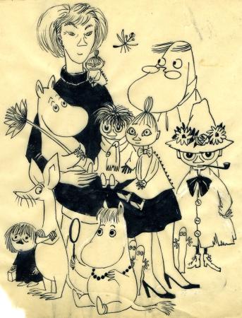 トーベ・ヤンソン「ムーミンたちとの自画像」(1952年 インク、紙、ムーミンキャラクターズコレクション (C)Moomin CharactersTM)(提供写真)