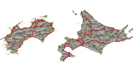 　四国と北海道の鉄道網（赤線）。国土数値情報（国土交通省）に基づき編集部が作成した。見やすさを優先して配置しており、実際の面積比は反映していない（北海道：約８万３４５０平方キロ、四国：約１万８８００平方キロ）。作画の都合上一部の島は省略