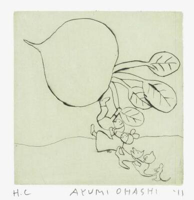 　大橋歩さんの銅版画作品。書籍「おおきなかぶ、むずかしいアボカド　村上ラヂオ　２」の表紙を飾った（マガジンハウス、２０１１年／新潮文庫、２０１３年）（提供写真）