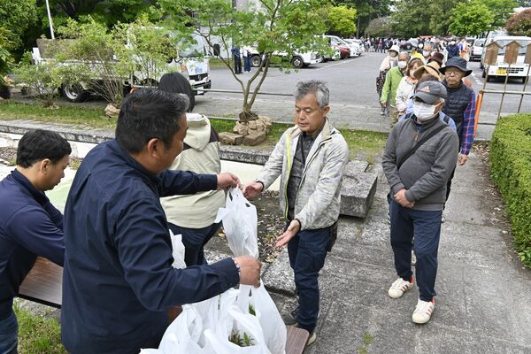 クルメツツジの苗木無料配布に列を作る来場者