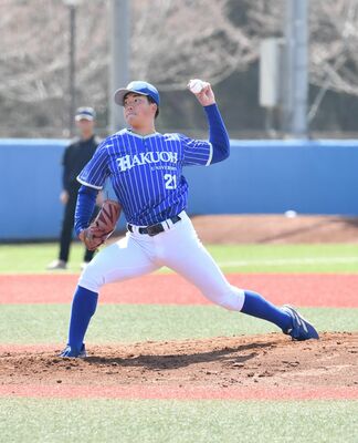 １２５球の力投で新潟大を完封した白鴎大の田澤＝白鴎大野球場