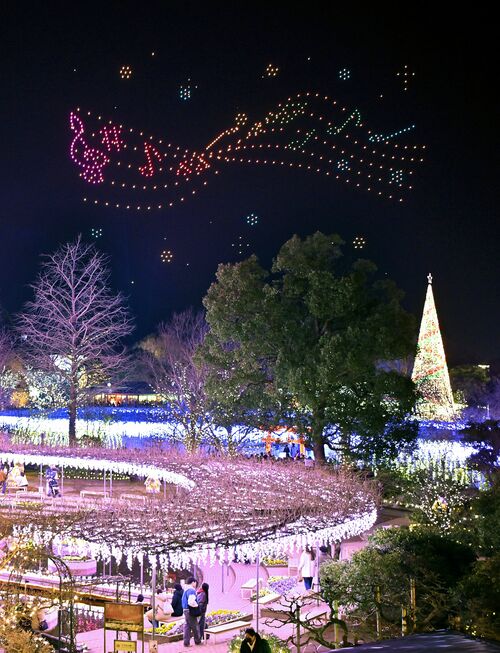 初開催されているドローンショー＝28日午後６時55分、足利市迫間町