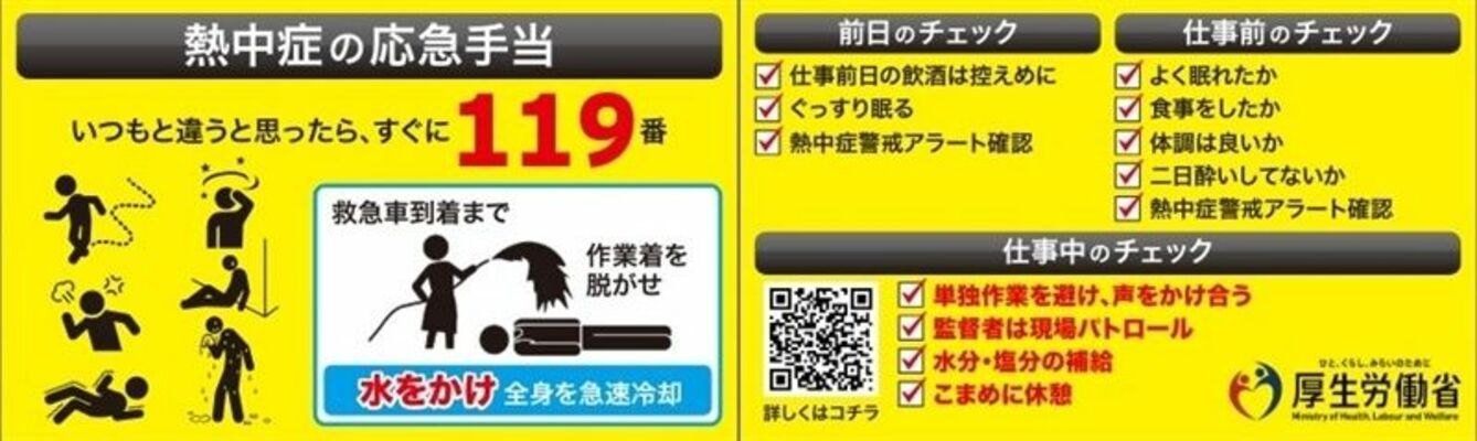 熱中症の応急手当てとチェック項目（厚生労働省の資料より）