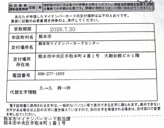男性に届いたマイナンバーカードの交付通知書の写し。上部に免許情報の記録が無いことが記されている（男性提供）