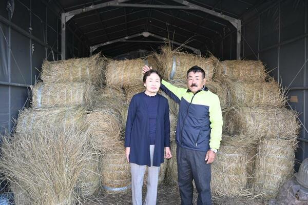 ユウガオの栽培で地面に敷くために保管するわらの束と葭葉さん夫妻