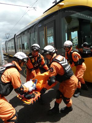 歩行者が下敷きになったと見立てて訓練に臨む隊員たち＝８日午前、宇都宮市下平出町