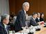 　防衛力の抜本的強化に関する有識者会議であいさつする座長の榊原定征元経団連会長＝１９日、防衛省（代表撮影）