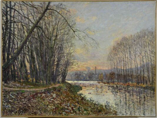 アルフレッド・シスレー「冬の夕日（サン＝マメスのセーヌ河）」（１８８２～８３年ごろ、油彩）