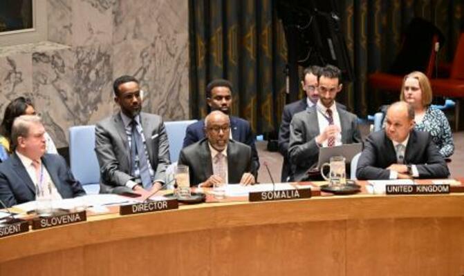 　２９日、国連安全保障理事会の緊急会合で発言するソマリアのオスマン国連大使（中央）＝ニューヨーク（共同）　