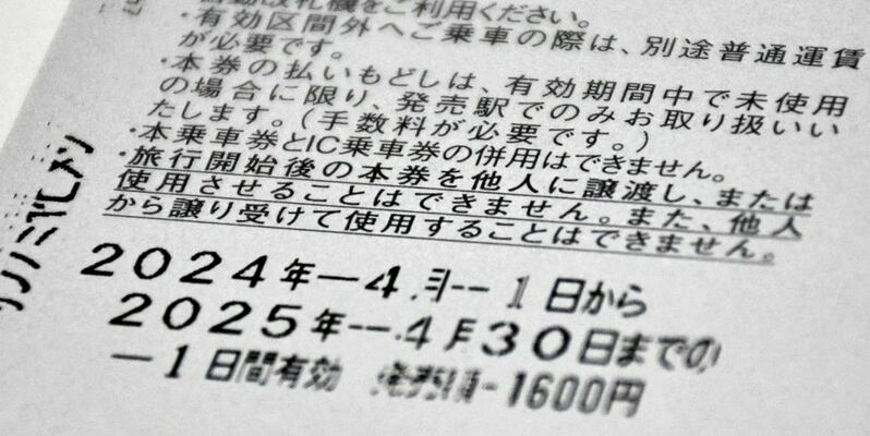 チケットの裏側。使用後に他人へ譲渡したり、使用させたりするのを禁止すると明記している