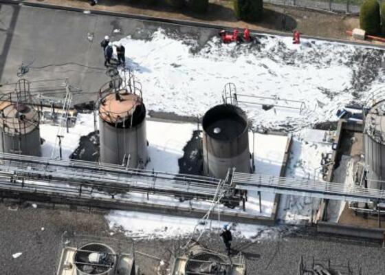 　火災が発生した広島県三次市の丸善製薬三次工場＝２８日午後３時１２分（共同通信社ヘリから）