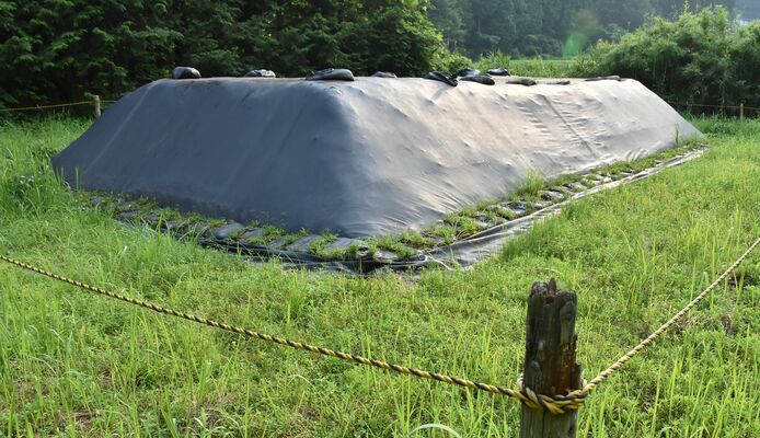 農地で一時保管されている指定廃棄物。まだ暫定集約先は決まっていない＝28日午後、矢板市内