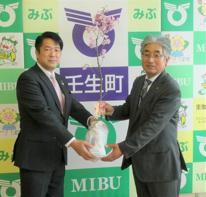 小菅町長（右）にカワヅザクラの苗木を手渡す岡部町長