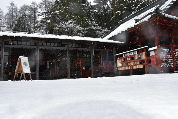 雪化粧した日光二荒山神社中宮祠の境内＝６日午前１１時４５分、日光市中宮祠