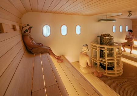 　小さな丸窓やシート型のベンチを備えた「飛行機サウナ」（天然温泉こまき楽の湯提供）
