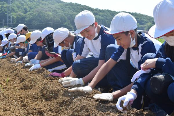 笑顔で苗を植える児童ら