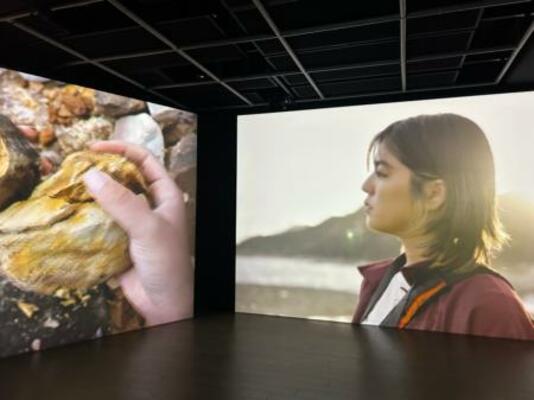 サイドコアの映像作品「living road」。能登の海岸を歩く俳優の坂口彩夏さん(提供写真)
