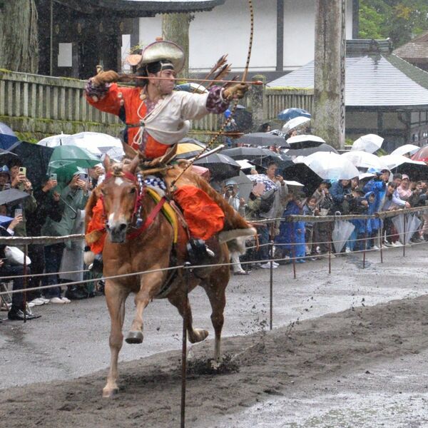 日光東照宮で流鏑馬神事 悪天候でも見事命中 射手の妙技に見物客「感激