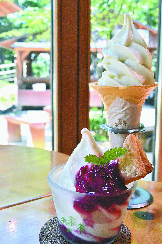 定番のジャージー牛のソフトクリーム（奥）と季節のソフト