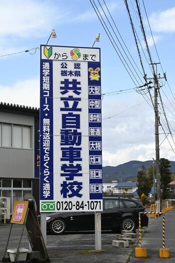 自動車学校の看板。右上にさりげなくベンジャミンが登場している