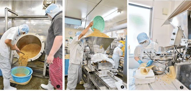 ❶～❸大豆のうま味を守るため手作業を含めた製造を行う。工場に併設された直売所から作業の様子を見ることができる