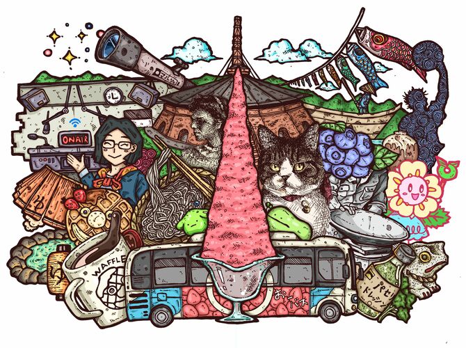 第10回で取材した若きアーティスト飯山太陽君の画。今回の紙面用の挿絵をお願いすると、現4年生が担当した第2~20回の取材先を全て組み合わせてくれました!