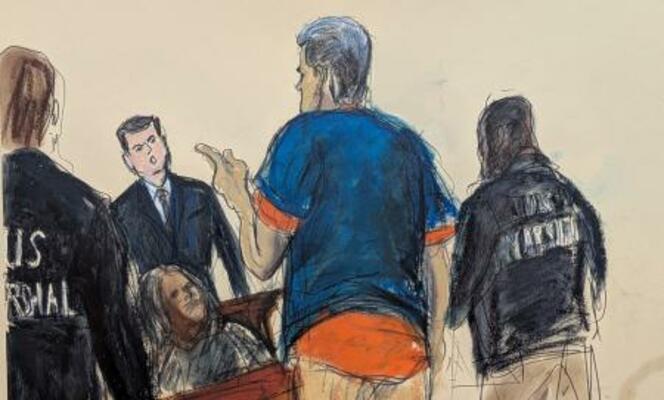 　５日、米ニューヨークの連邦地裁に出廷し、傍聴人に反応するベネズエラのマドゥロ大統領（手前中央）のイラスト（ＡＰ＝共同）