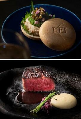 　「ＫＥＩ　Ｃｏｌｌｅｃｔｉｏｎ　ＰＡＲＩＳ」クリスマス特別コースで提供される「最中　兵庫県産香住蟹　キャビアクリスタル」（上）、「１００日熟成　熊本県産延寿牛　ソースジュドヴォー」（提供写真）