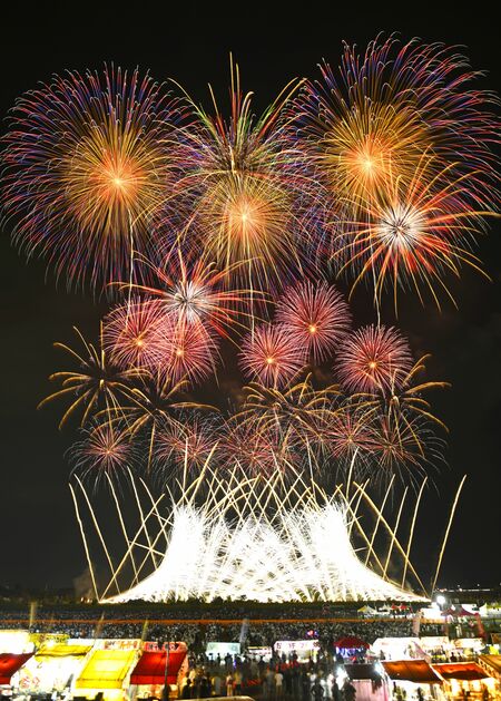 夏の夜空を鮮やかに彩った花火=9日午後8時、宇都宮市道場宿町(約25秒間露光)