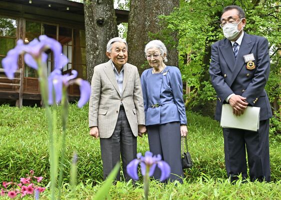 皇室ゆかりのナスヒオウギアヤメが咲く庭園を散策される上皇ご夫妻＝28日午後２時45分、日光市本町