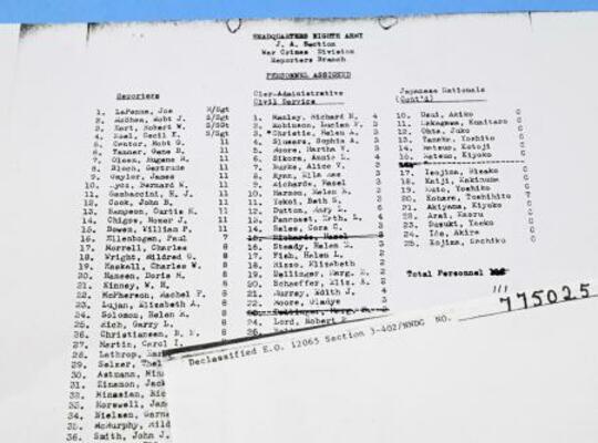 　横浜裁判の米軍報告書に含まれる日米両国のスタッフ名簿の複写（国立国会図書館所蔵。原本は米国立公文書館）