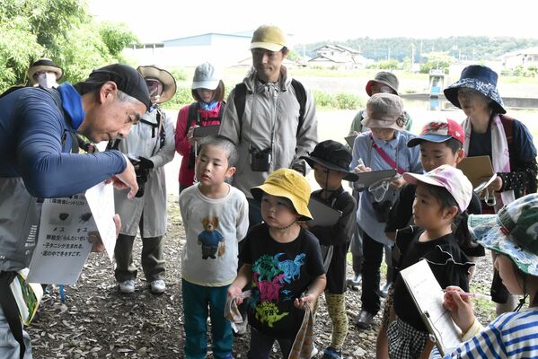 川の生き物について説明を受ける参加者たち