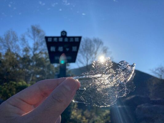 観測用のバケツに張った初氷＝１日午前７時15分、日光市中宮祠