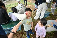 下野市のグリムの館に「一日動物園」　ニワトリ肩に乗せ、にっこり笑顔
