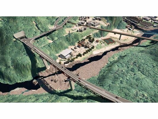 国道１２１号日光川治防災事業で鬼怒川に架設される橋（左手前）の完成予想図。奥の橋は野岩鉄道（宇都宮国道事務所提供）