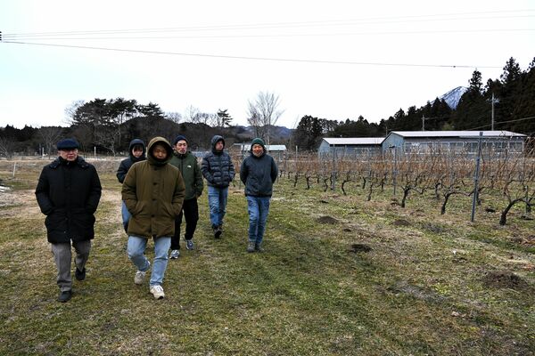 石井ぶどうのブドウ畑を視察する一行＝２月７日、那須塩原市板室