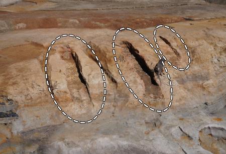 　大阪府枚方市の茄子作遺跡で発見された初期須恵器の窯跡（丸で囲った部分）（大阪府文化財センター提供）